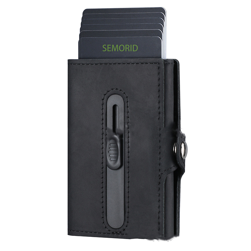 Low MOQ Mix Models Men'S PU Leather Card Holder With Aluminum Pop Up Design And Metal Box