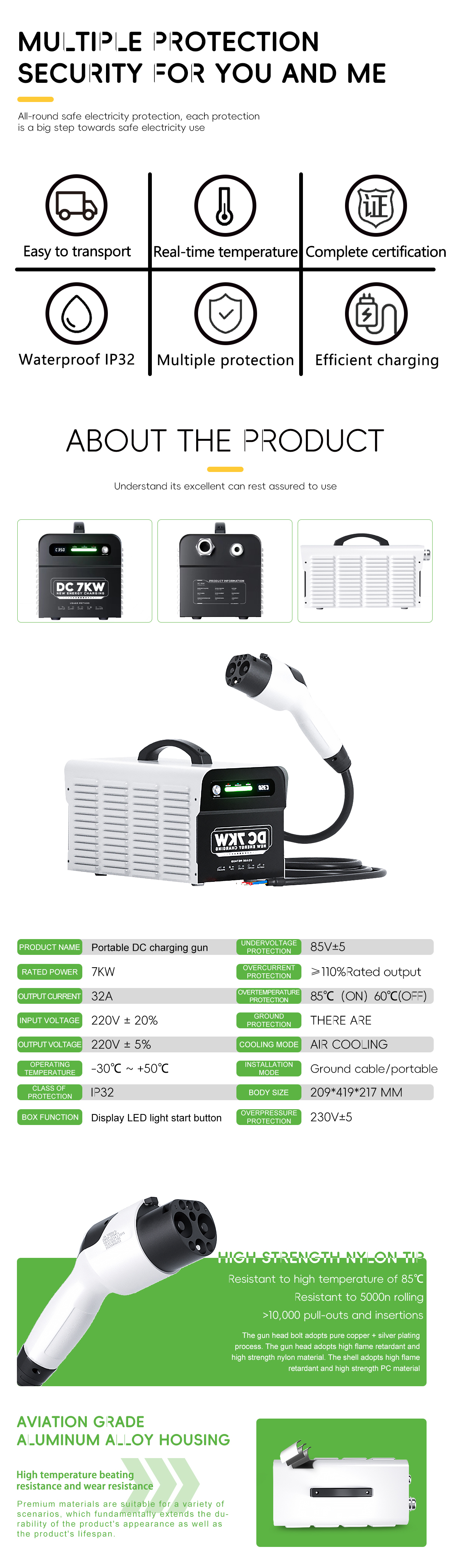 Standard CCS/GBT/CHAdeMO/TESLA 7KW Portable DC Charger 220V Fast Electric Car EV Charging Station with 32A Output Current