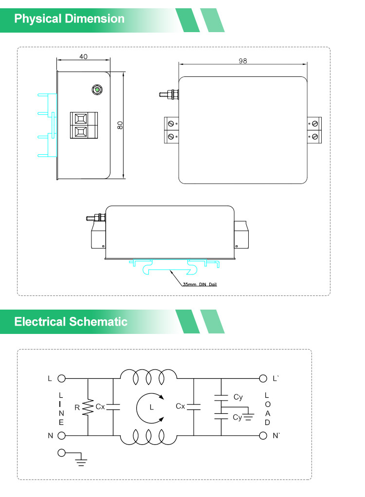 YB12F2 15amp 220V Single Phase Filter Din Rail RFI Filter For Automation Equipment