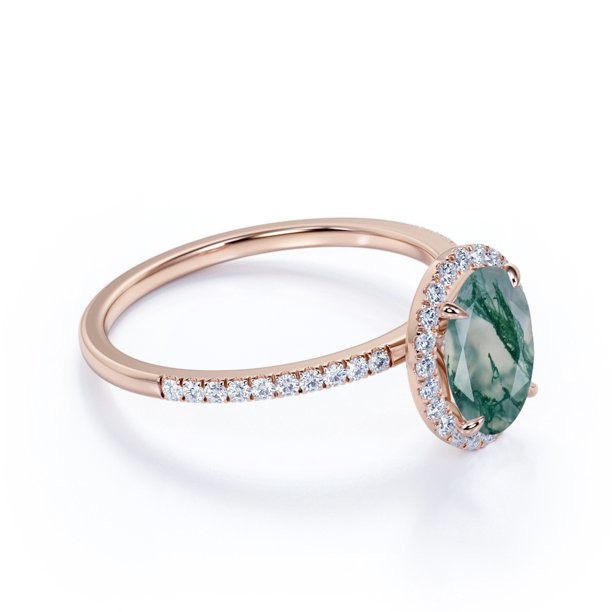 Ovate Natural Milky White Dendritic Moss Green Agate And Moissanite Pave Halo Engagement Ring