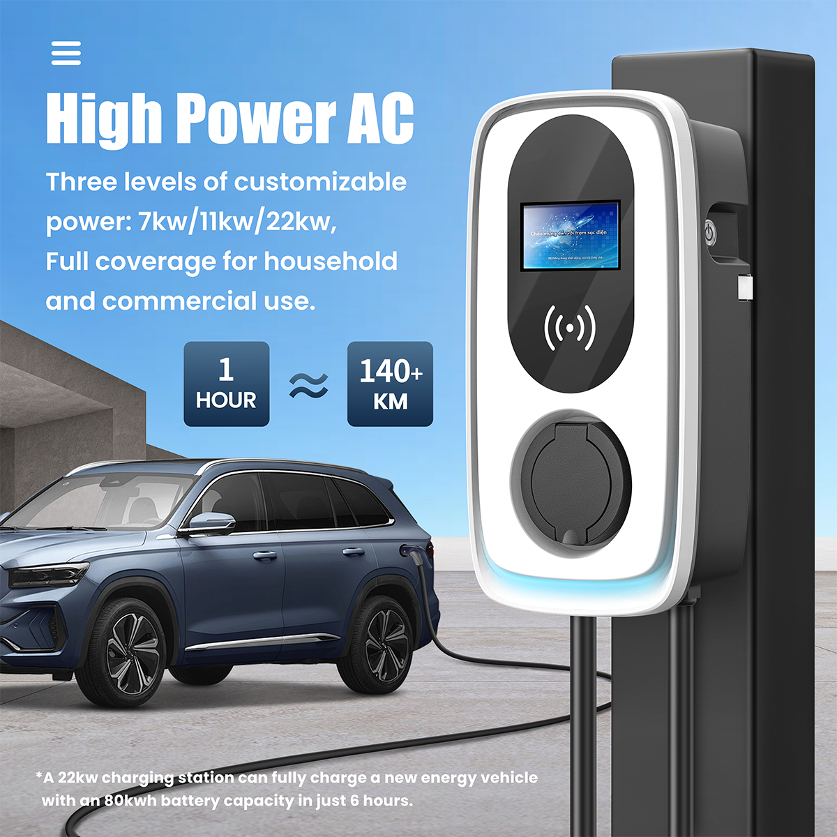 22kw CCS2 Commercial OCPP Wallbox EVSE Car Fast AC EV Charger Station with Wifi Network Connection