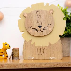 Wholesale Personalised Engraved Lion Money Box Bank Kids Savings Pocket Money Piggy Bank Wooden Animal Money Box Gift for Babies from china suppliers