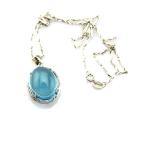 Women Fashion Oval Dome Blue Topaz Cubic Zircon Pendant 925 Silver Chain