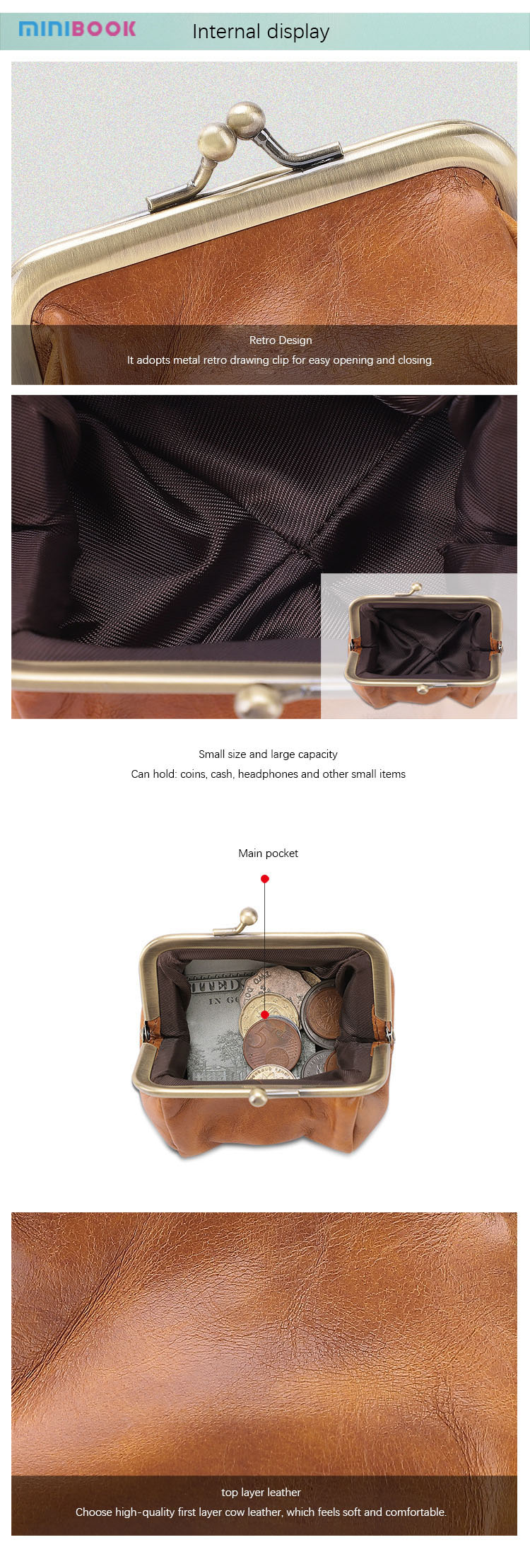 OEM ODM Acceptable Minibook Ladies Wallet With Handmade Leather And Gold Storage