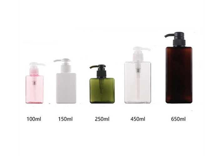 Clear Brown and Green 250 450 650ml Empty PET Packaging square Plastic Shampoo Bottle for Liquid and Lotion