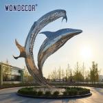 Large outdoor park metal art hollow lines dolphin stainless steel sculpture