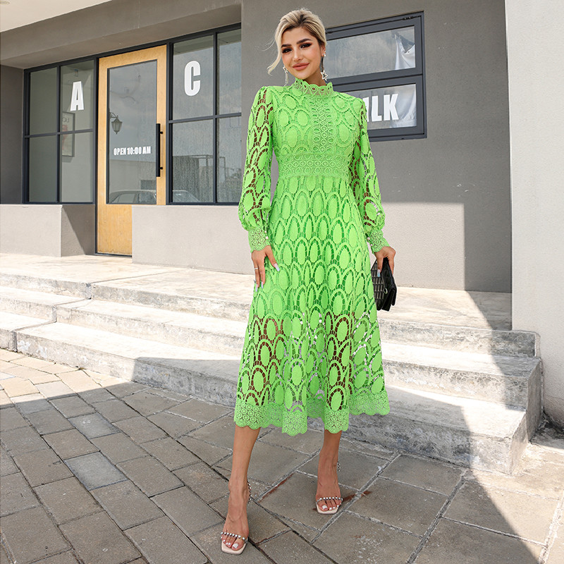 Crochet Cardigan Tie Front Kimono Cover Up Long Sleeve Sheer Boho Gypsy Circle Crochet Lace Trim Maxi Green Midi Dress