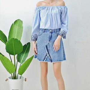 Wholesale Young Ladies Short Denim Mini Skirt With Pearls , Women's A Line Denim Skirt from china suppliers