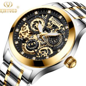 Wholesale KINYUED oem waterproof custom logo leather fashion tourbillon skeleton wrist watch luxury automatic watches mens watch from china suppliers