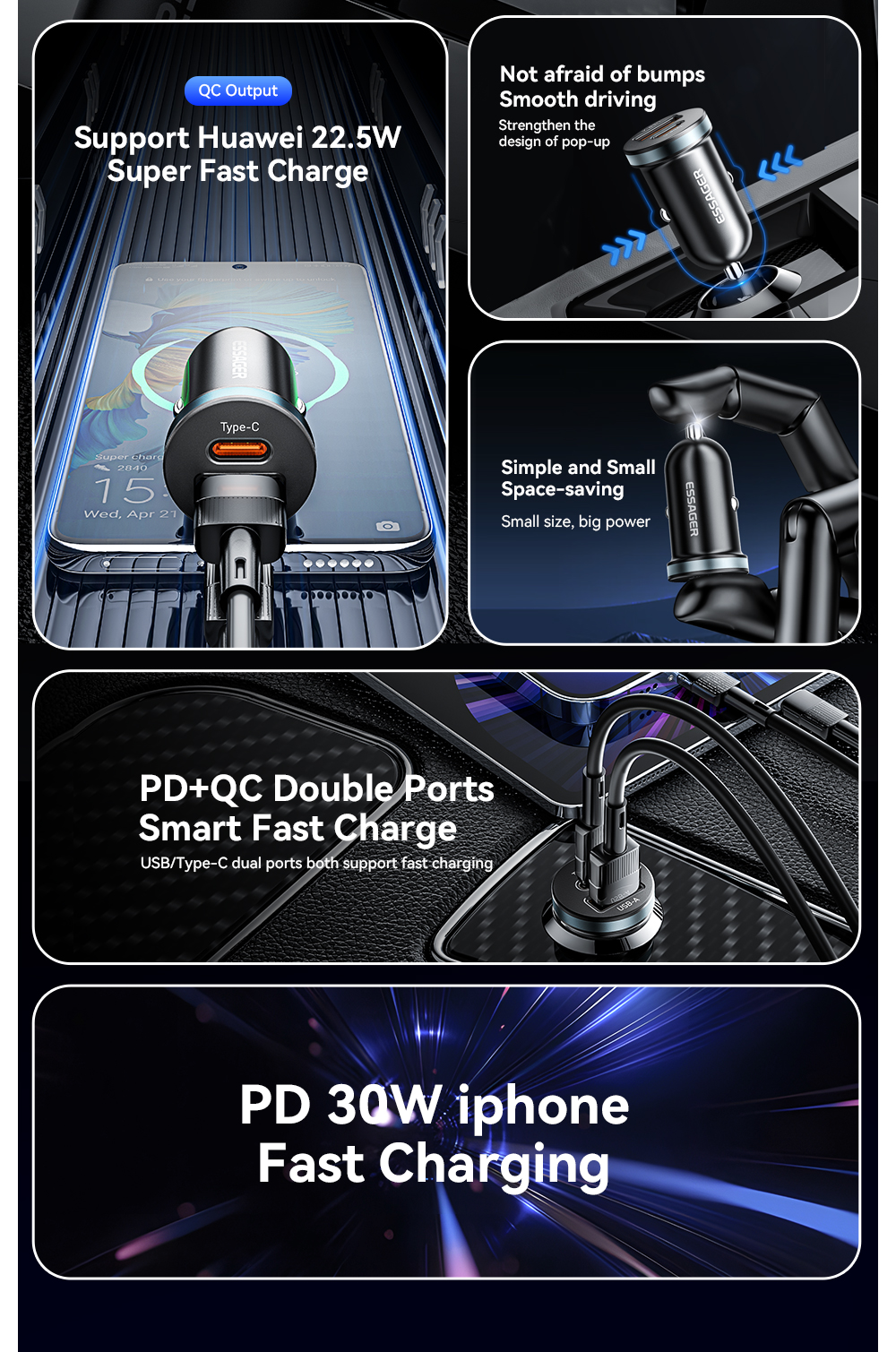 ESSAGER ES-CC12 Series 30W Type C USB A Car Charger Port