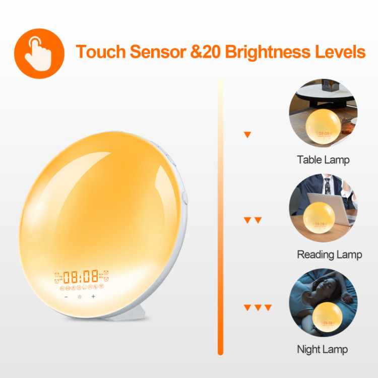 2022 New Smart APP Sunrise Wake up Light Alarm Clock with 8 Natural Music Sunrise Simulation Bedside Night light with FM