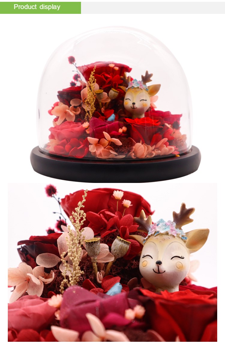 Christmas Decoration Preserved Rose Glass Dome With Christmas Reindeer