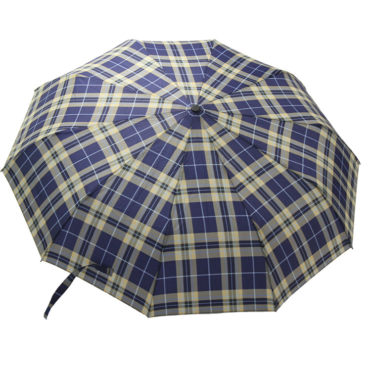 Check And Stripe Metal Shaft Pongee Fabric 3 Foldable Umbrella For Men