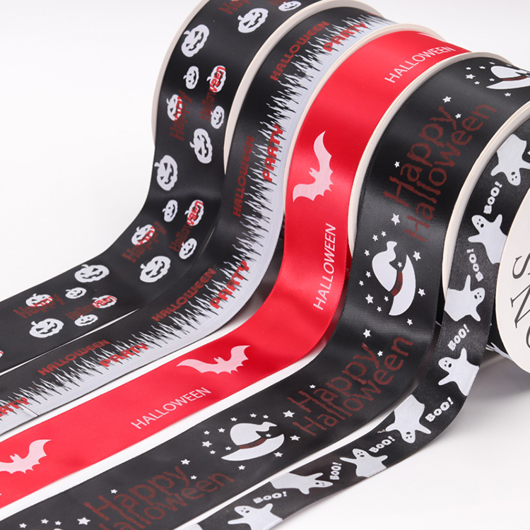 Red / Black Personalized Satin Ribbon , Fancy Halloween Wired Ribbon