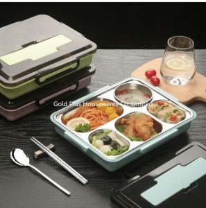 Wholesale Dinnerware set for kids 5 compartments 304 stainless steel bento food box with spoon flanking buckle food carrier from china suppliers