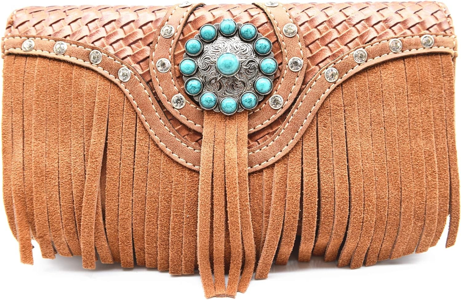 WESTERN STYLE FRINGE CONCHOS GEM RHINESTONE STUDDED BRAIDED LEATHER PURSE COUNTRY HANDBAG WOMEN SHOULDER BAG WALLET SET
