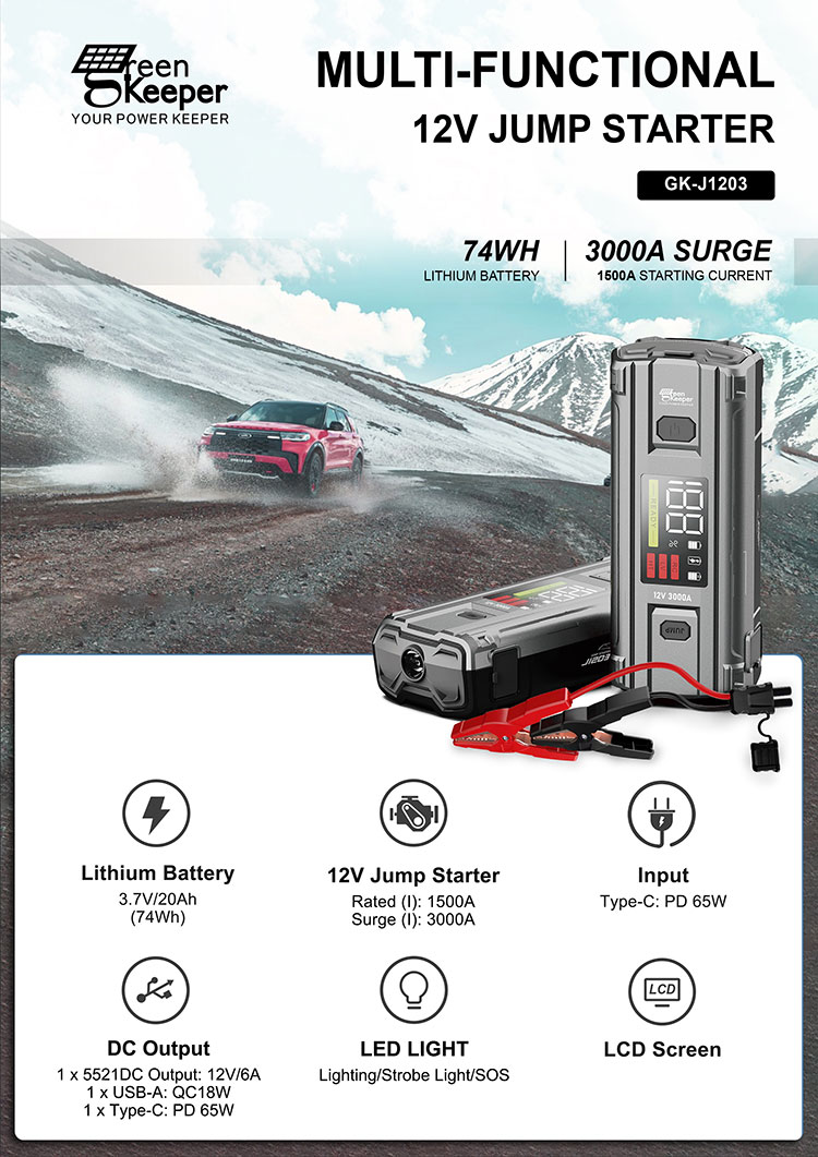 High Capacity 20000mAh Car Jump Starter Power Bank with 3000A Output and LED Work Light