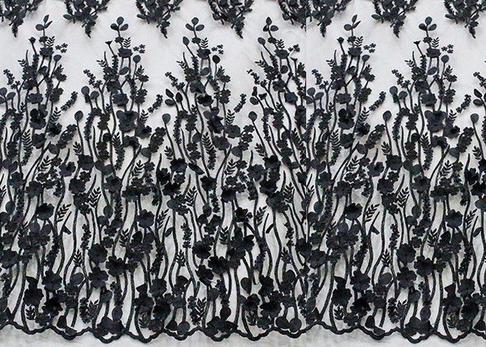 Polyester 3D Flower Lace Fabric For Wedding Dresses , Embroidered Bridal Lace Fabric