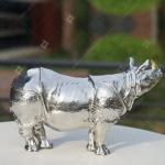 Small Stainless Steel Cast Animal Sculpture Walking Rhino For Collection