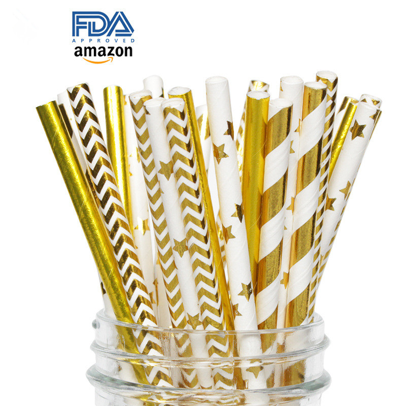 Recyclable Print Paper Drinking Straws In Bulk Gold Foil Pattern Iso9001