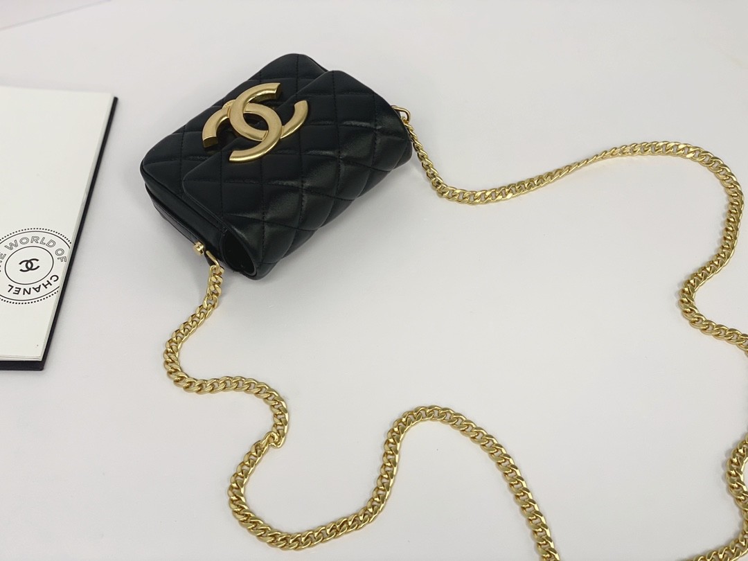 Black Lambskin Leather Branded Messenger Bag Chanel Flap Phone Holder