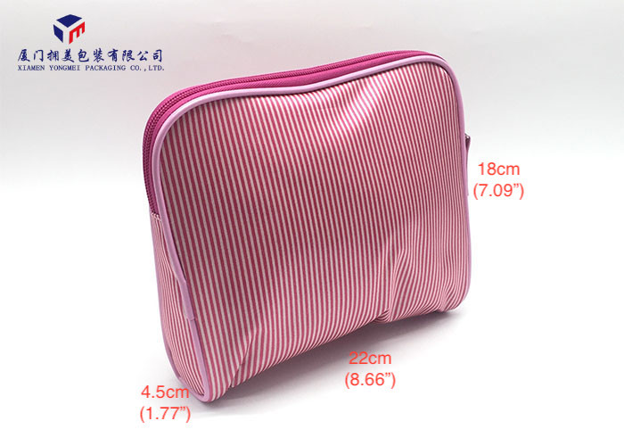 Modern Style Fabric Makeup Bag Pink White Stripe Satin Cloth Size 22X4.5X18cm