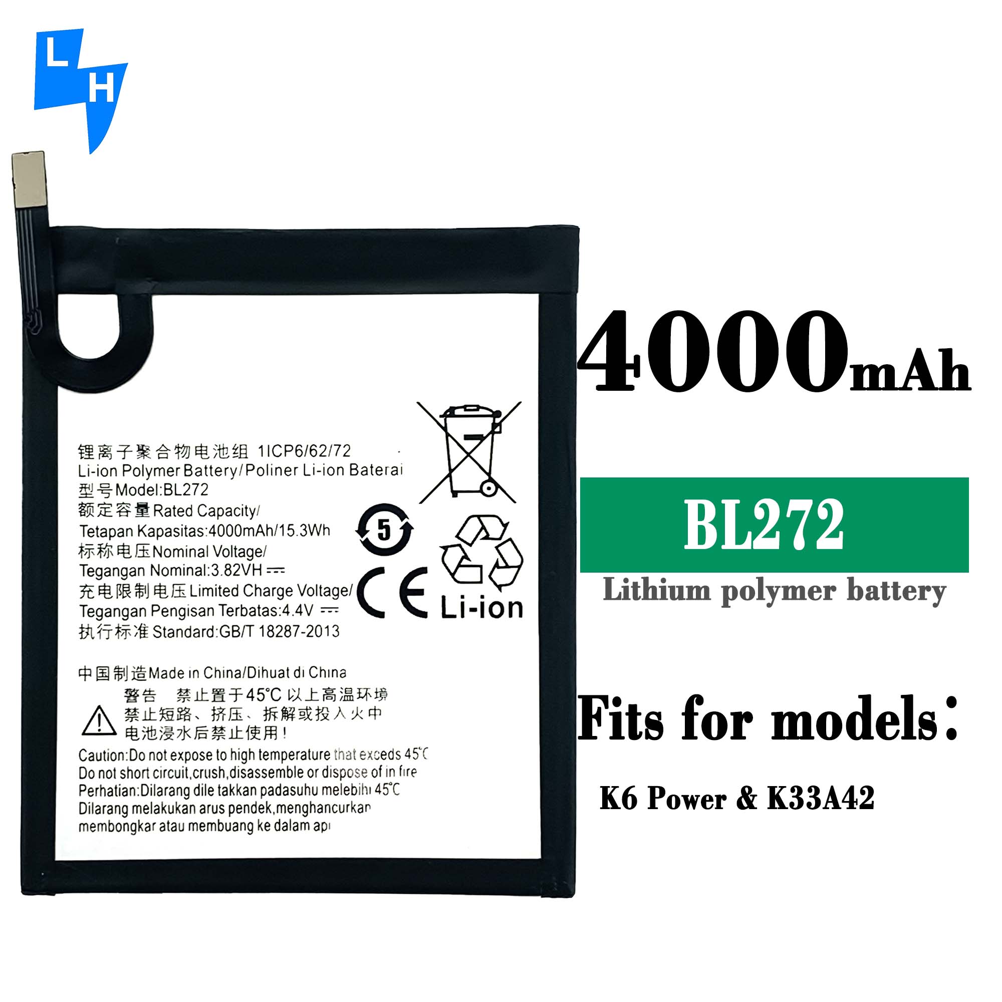 BL272 Replacement Battery 3200mAh for Lenovo Vibe K6 Power XT1662 K33A42 Black Capacity