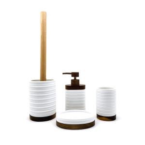 Wholesale White Color Polyresin Bathroom Set Ribbed Circles Look With Wood Parts from china suppliers