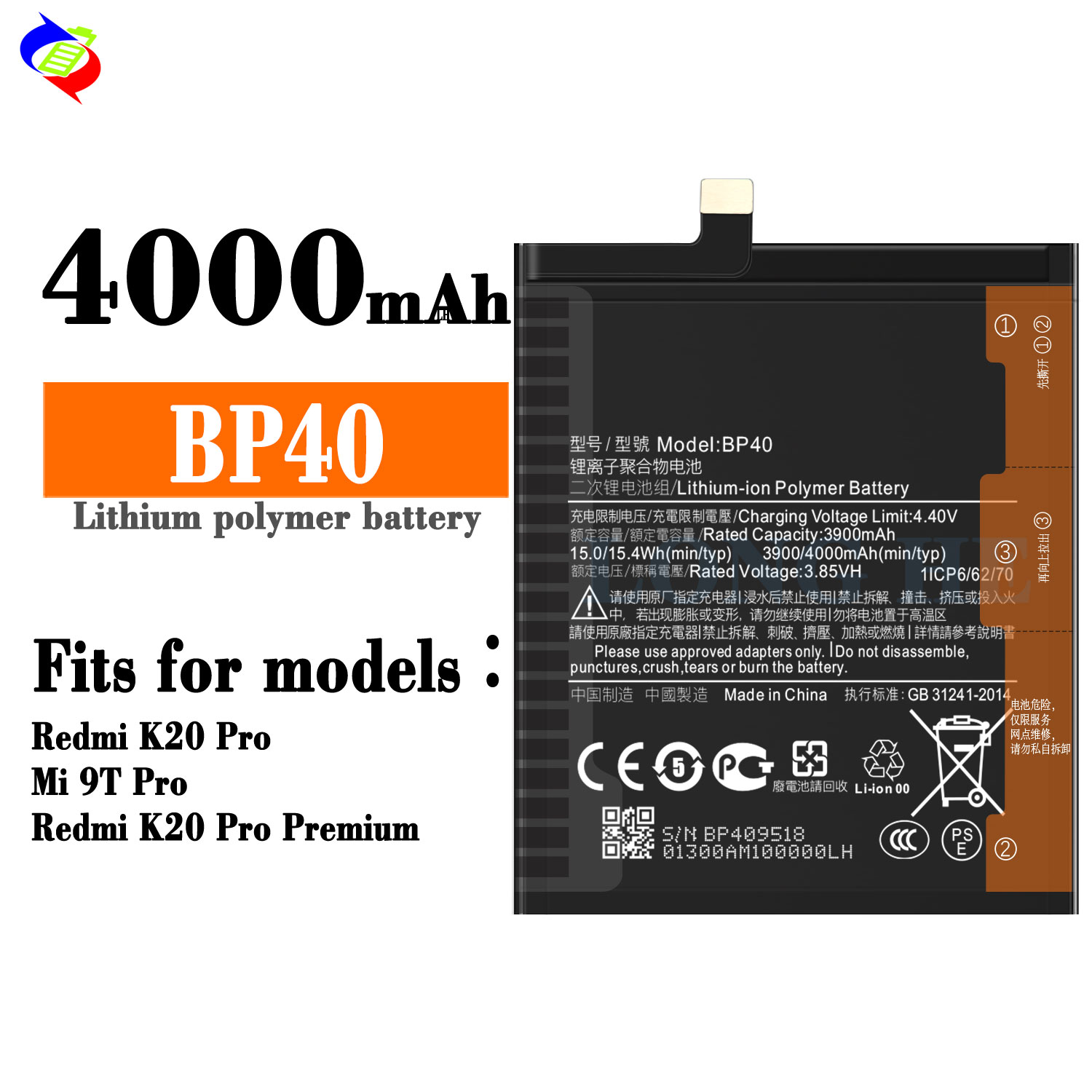 BP40 Rechargeable 4000mAh Lithium-ion Battery for Xiaomi Redmi K20 PRO ODM/OEM