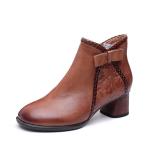 S321 Round toe flat wedge heel top layer cowhide mid-tube women's boots leather
