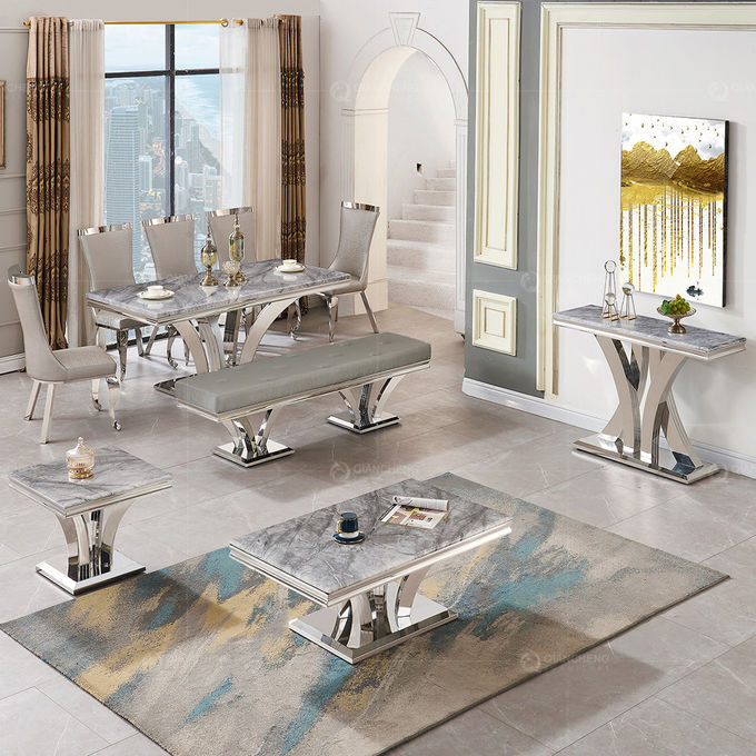 Narrow Luxury Faux Marble Dining Table Stainless Steel 200cm Grey
