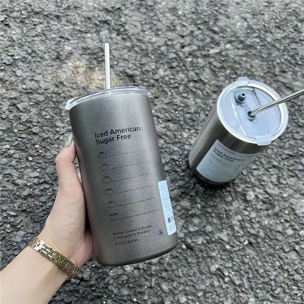 12oz Straight Mugs Ice Coffee Tumbler Stainless Steel Thermos Insulated Coffee Tea Mug Beer Drinking Cup With Straw Lid
