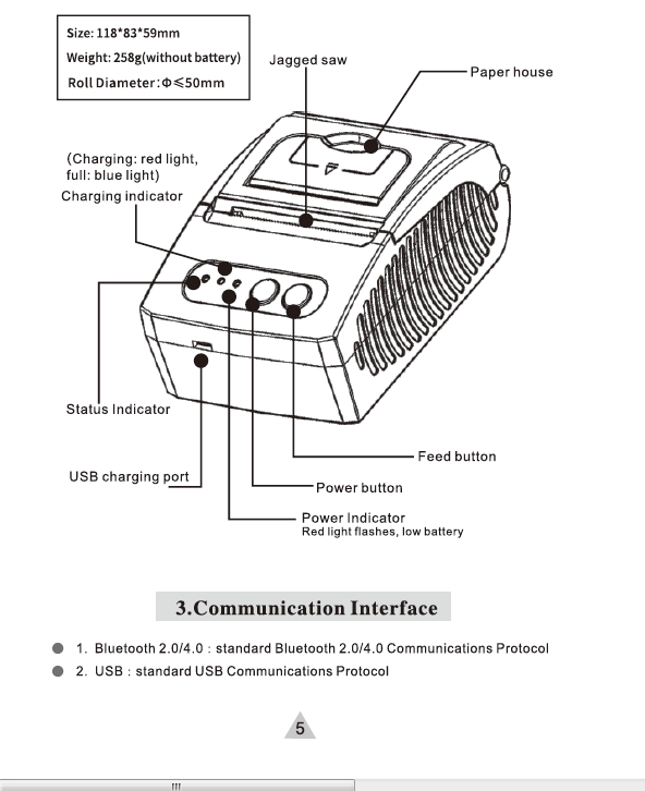 Rechargeable Lithium Battery Powered ZJ-5810 58mm Thermal Receipt Printer for POS Portable