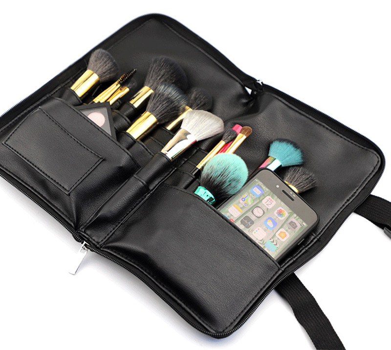Zipper Closure PU Leather Makeup Brush Bag With Strap