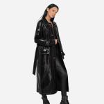 Wine Red Trench Women′s Slim Motorcycle PU Leather Coat Long Slim with Belt
