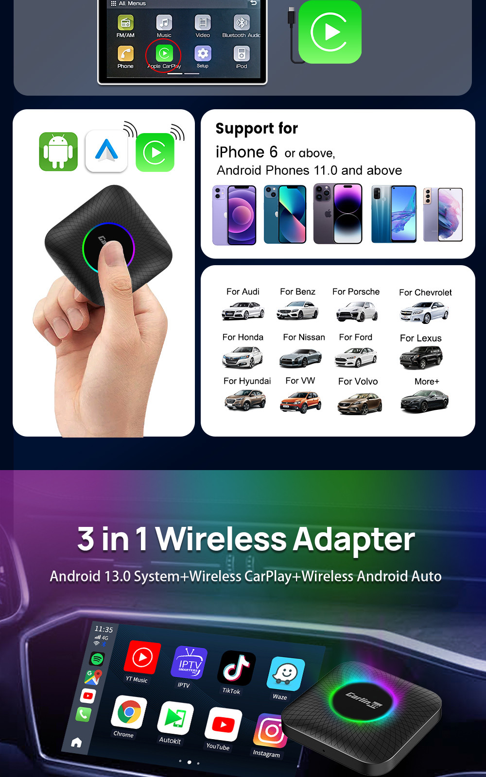 Andriod Box TBox-Ambient Dongle Android 13 SM6225 Wireless Android Auto Car Play 64GB FOTA Upgrade SIM TF Ai Box For YouTube Netflix