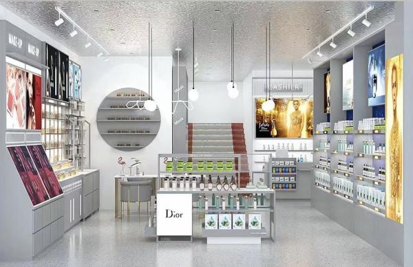 Fashion Polishing Surface Cosmetic Display Shelves With Logo And Acrylic Display