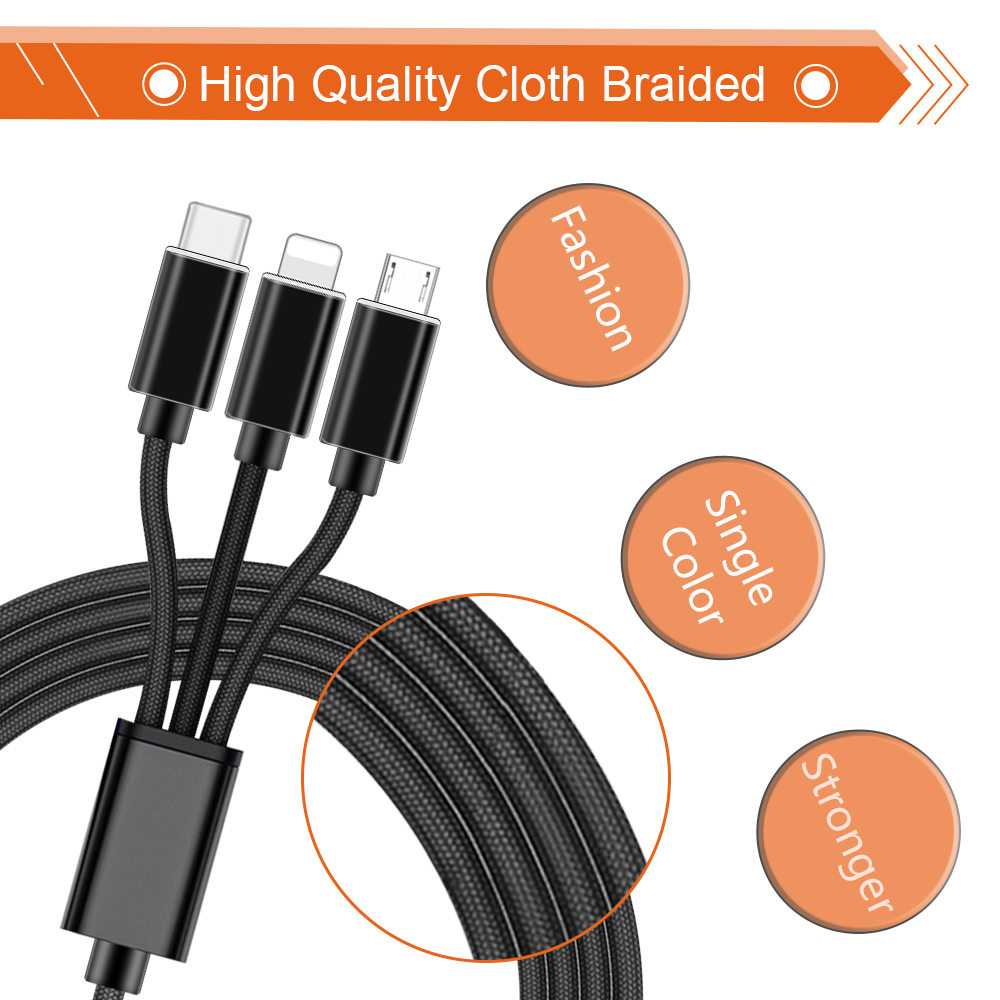 Cloth Braided 3 In 1 USB Charging Cable / Phone 8 Pin Type C Micro USB Cable