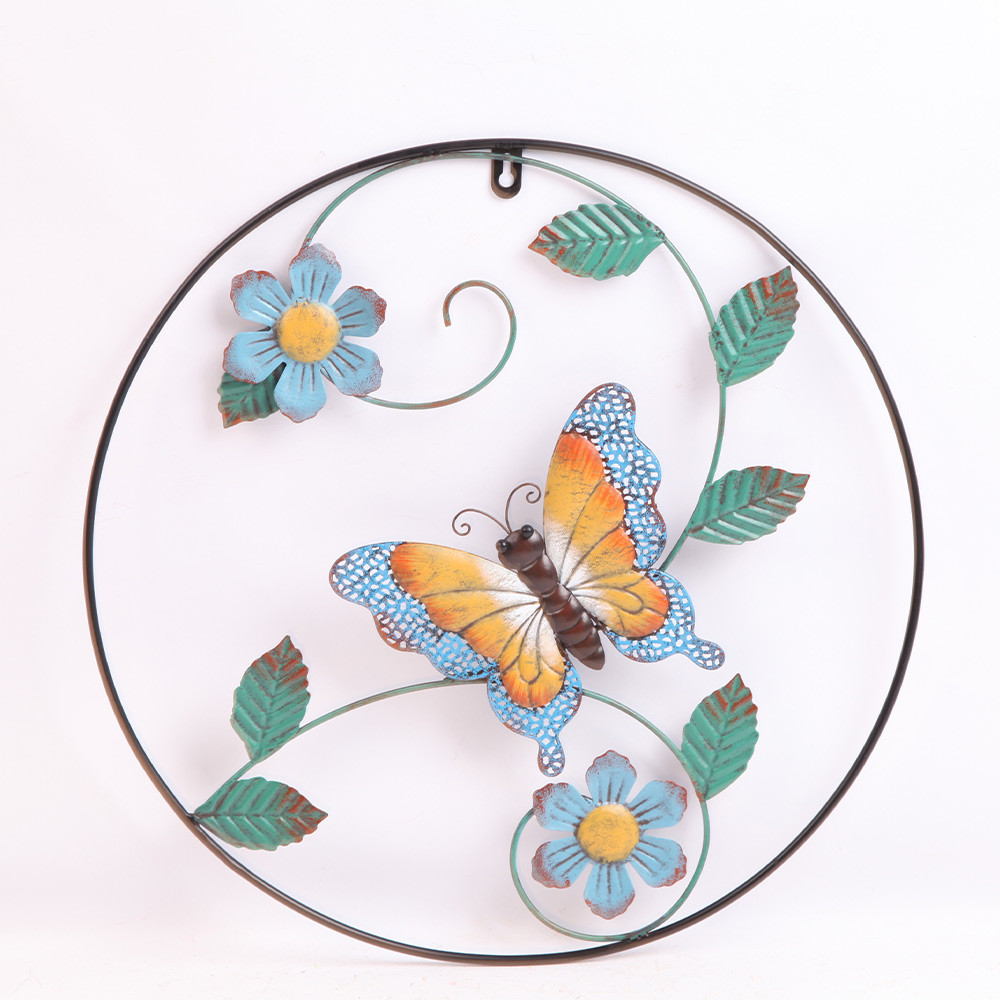 Modern Metal Wall Hanging Ornaments Round Frame With Dragonfly Butterfly Leaf Flower