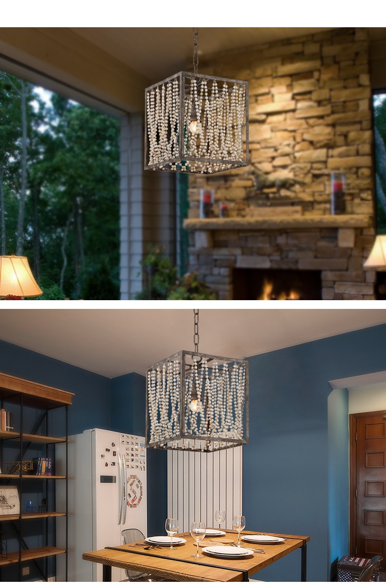 Rectangular metal chandelier with Wood Bead Chandelier (WH-CI-43)
