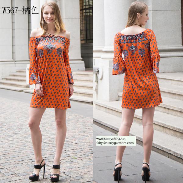 sexy printed flower short dress for women in long flounce sleeve with off the shoulder