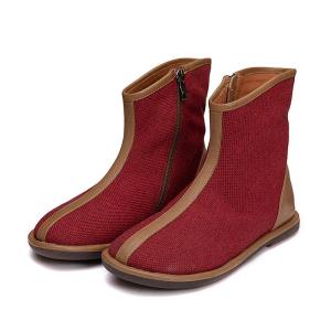 Wholesale S080 New women's short boots retro handmade leather linen fashion flat bottom mid-cut women's boots from china suppliers