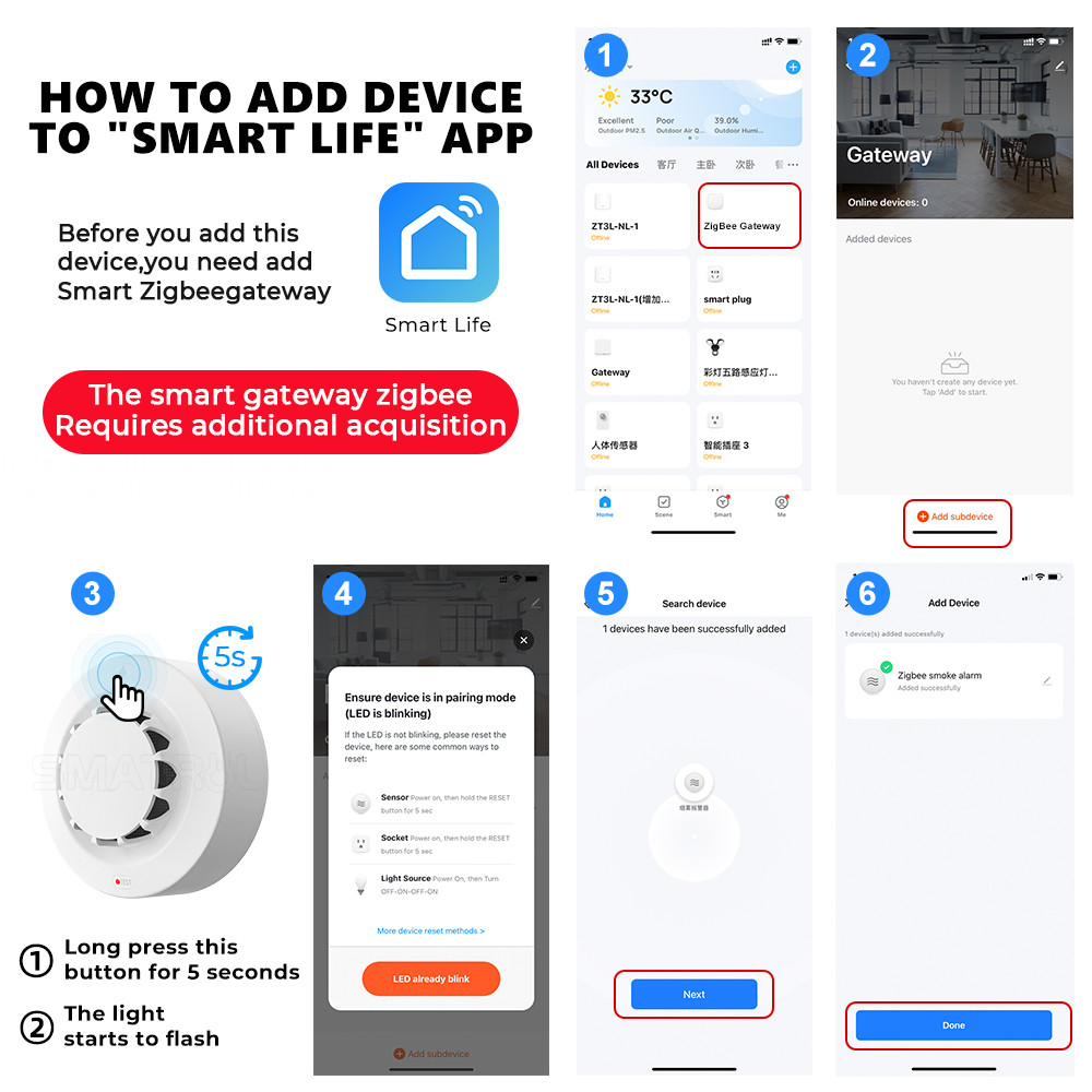 Zigbee Smart Smoke sensor Alarm Tuya90 dB Fire Alarm Home Security System Detector Fire