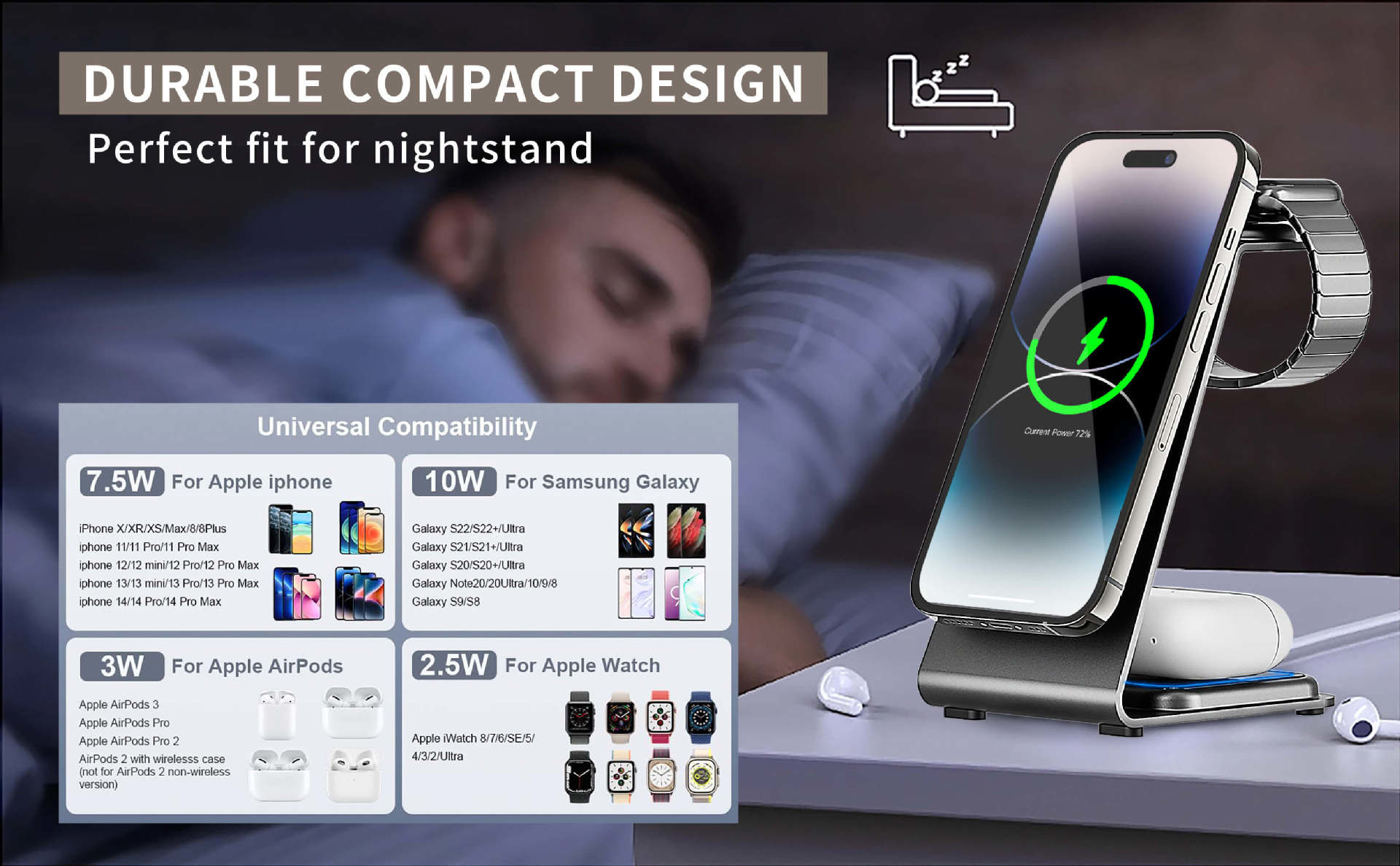 Fast Wireless Charging Aluminum Alloy Charger for iPhone Samsung Smartphones Earbuds & iWatch