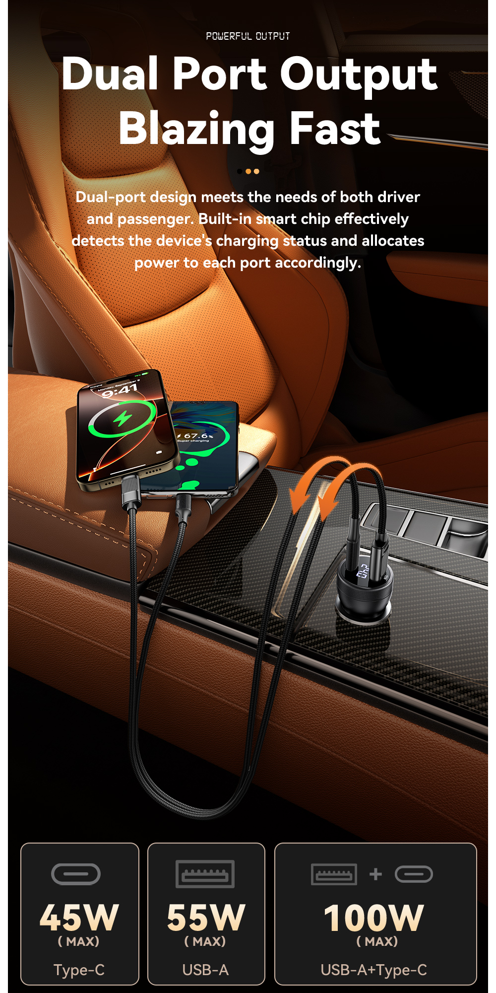 ESSAGER ES-CC17 Series 100W USB-C Car Charger USB Car Port