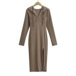 Summer V Neck Long Sleeved Slim Hooded Dress With Side Slit Buttock Skirt