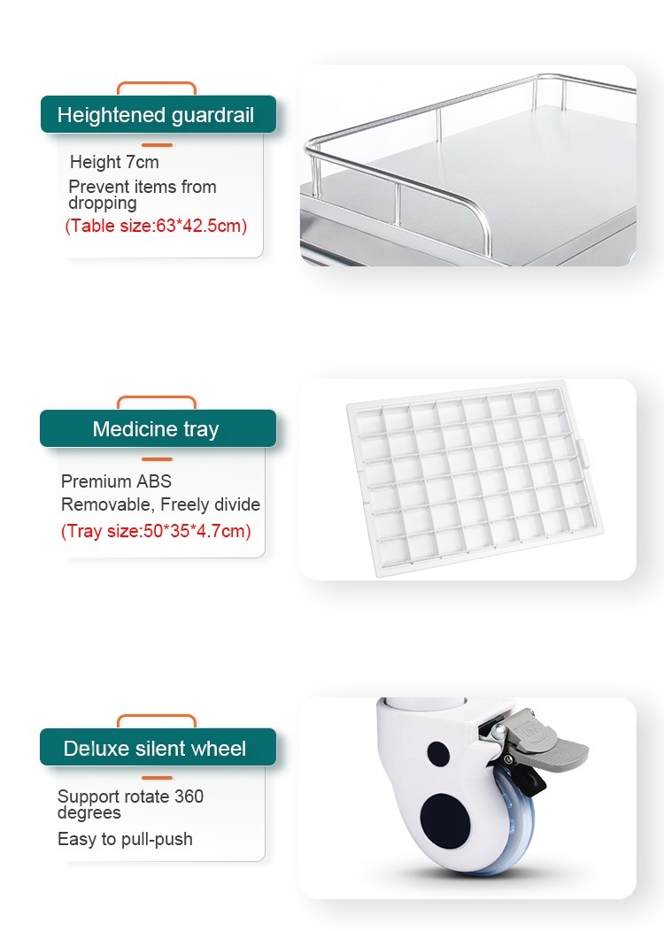 Hospital 2 Drawers And 1 Cabinet Stainless Steel Medical Medicine Trolley