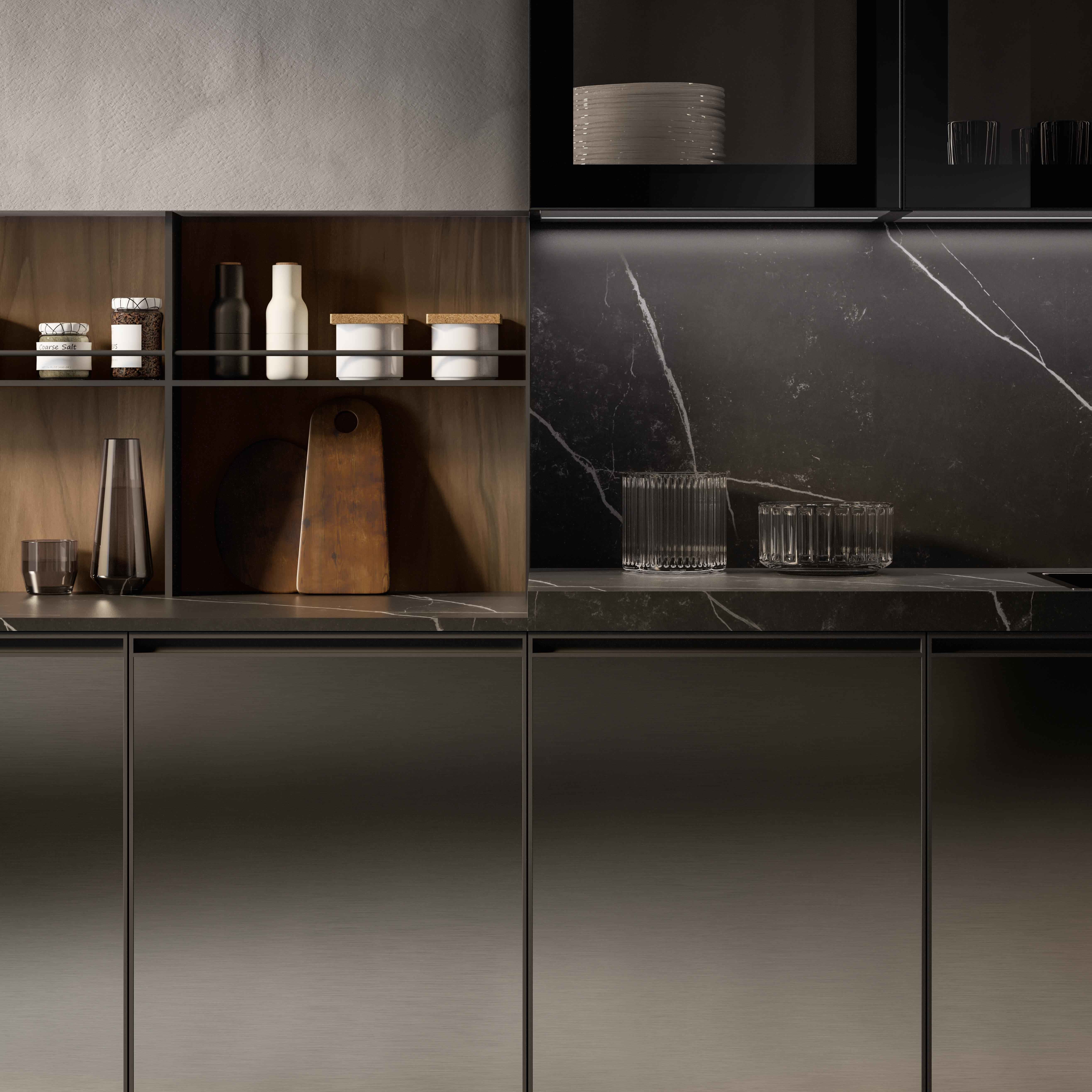 Luxury Home Furniture Modular Walnut Wood Veneer Matt Black Color Glass Door Kitchen Cabinets Modern Design