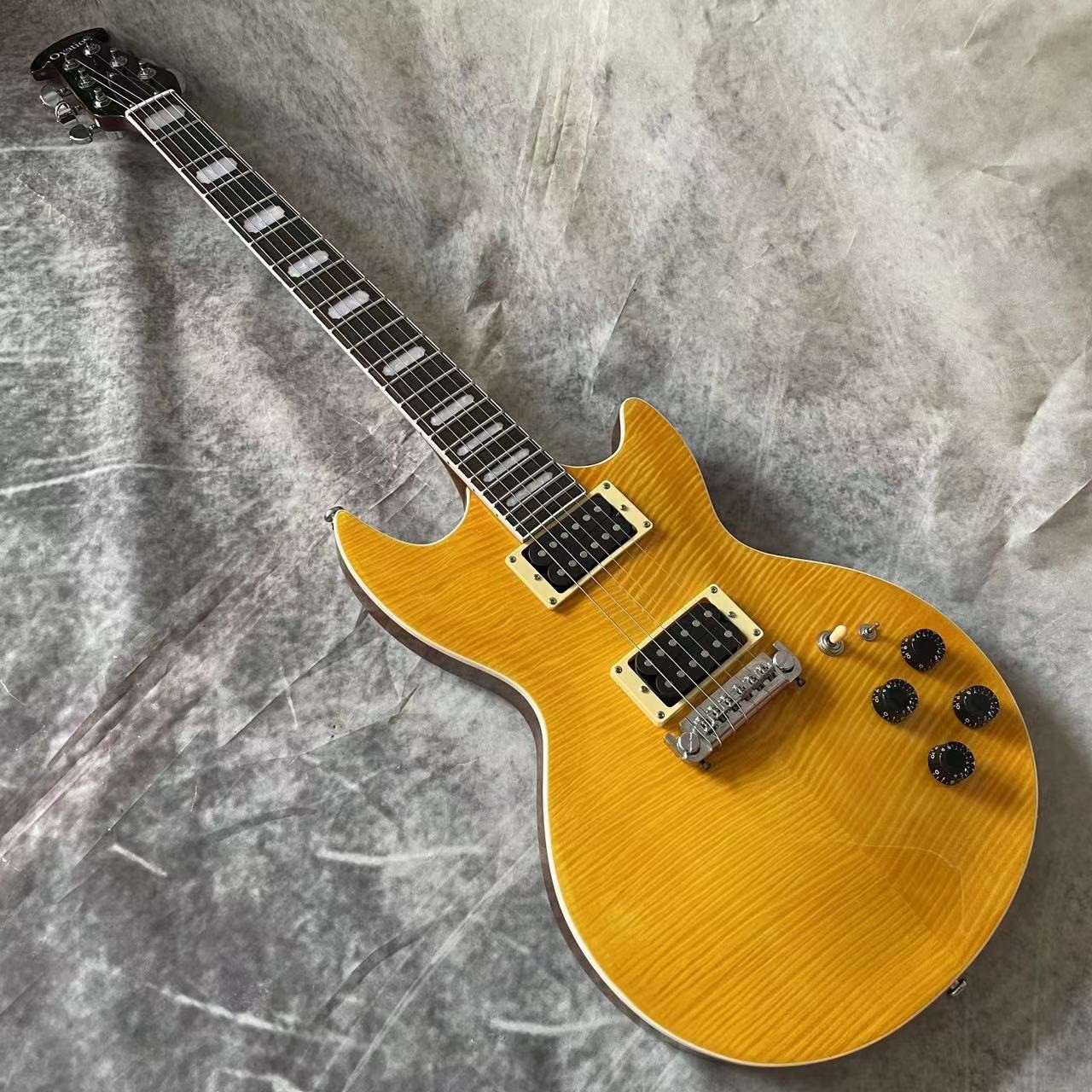 Custom Flamed Maple Veneer Pearloid Notched Block Inlays OVATION Electric Guitar