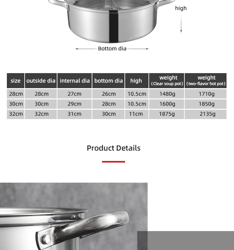 Chinese Style 2 Compartments Kitchen Pots Induction Cooker Hot Pot 304 Stainless Steel Soup Pot With Divider